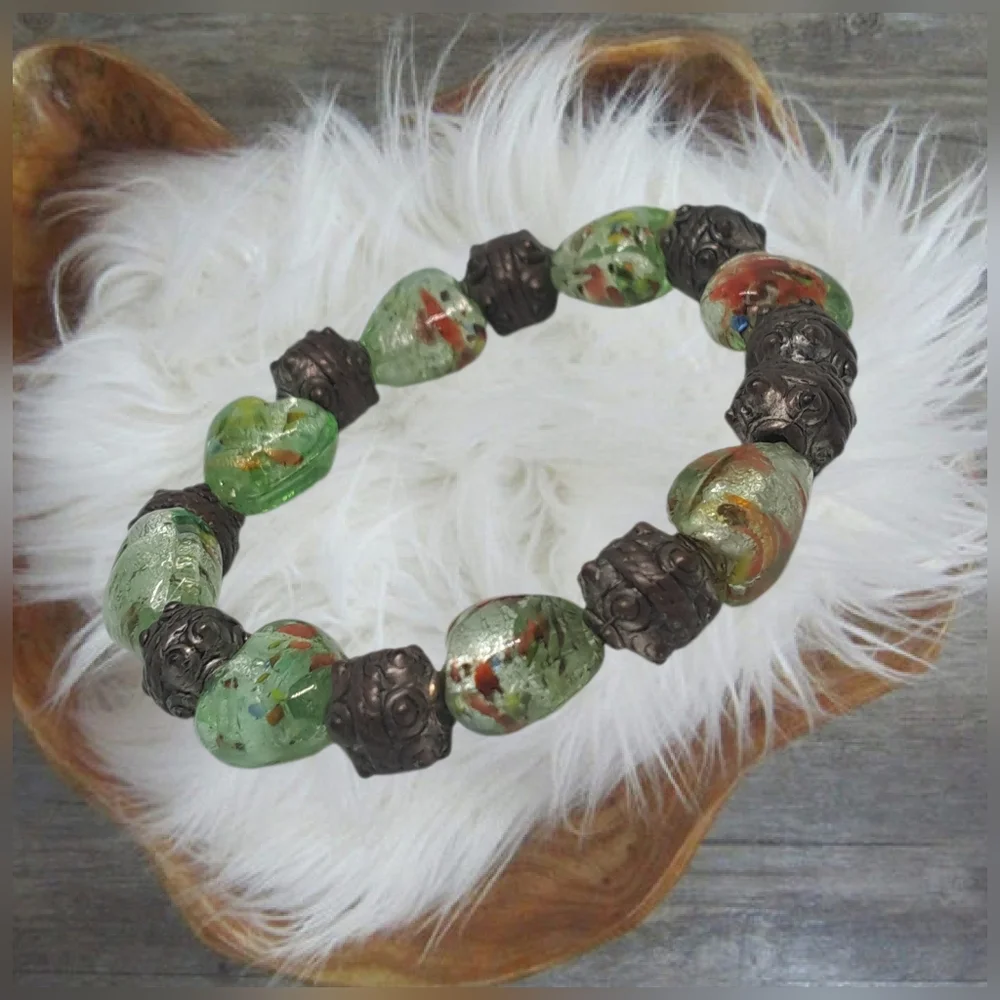 Green Beads Slip-on Bracelet & Dark Stone Accents